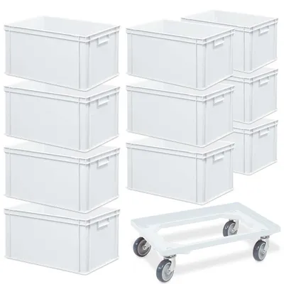 Produktbild von 10 Euroboxen mit Griffleisten, LxBxH 600x400x320 mm, weiß + 1 Transportroller