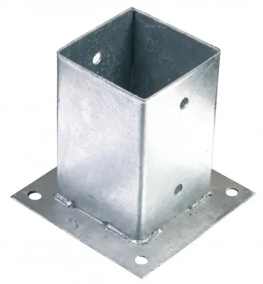 A galvanized metal post base with a square upright section and a flat square base with mounting holes.