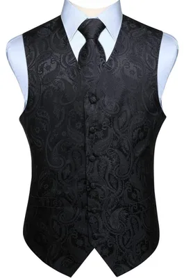 Productafbeelding van Herenset: Vest, das, zakdoek. Jacquard, Paisley, bloemenprint. 3XL, zwart