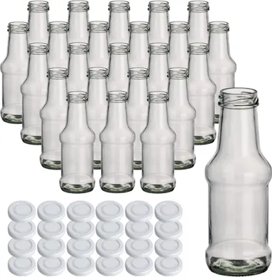 Produktbild von gouveo 24er Set Glasflasche 250 ml Barbecue mit Schraubdeckel TO38 weiss - Kleine Glasflasche 0,25 l mit Schraubverschluss - Saftflasche