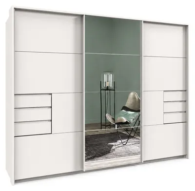 Produktbild von Schwebetürenschrank Kleiderschrank 3-türig 273 cm Weiß mit Spiegel und Passepartout / 22619