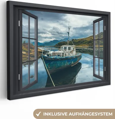 Produktbild von OneMillionCanvasses® - Leinwandbilder - 140x90 cm, Durchblick - Boot - Berg, Wandbilder Kunstdruck Wanddekoration
