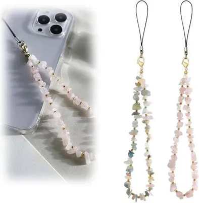 Produktbild von 2 kurze Handyanhänger mit Perlen und Kristallsteinen, Schlüsselband und Handy-Armband, kurze Handykette