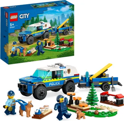 Produktbild von LEGO 60369 City Mobiles Polizeihunde-Training, Polizeiauto-Spielzeug mit Anhänger, Hunde- und Welpenfiguren, Tier-Set für Kinder ab 5 Jahren