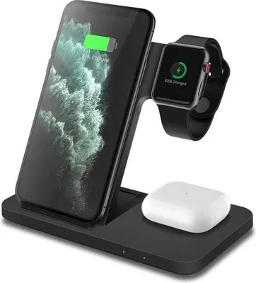 Produktbild von Kabelloses Ladegerät – 3-in-1 – Qi 15 W – iPhone 12/11/XS/X/8 – Samsung S10/S20 – Schwarz