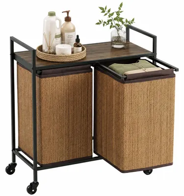 Produktbild von HOMCOM Wäschekorb Bambus 2 Fächer Wäschesammler 120L Rollbar 73x33x78 cm Braun