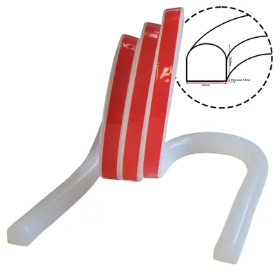 A white silicone shower threshold strip with red adhesive tape is shown against a white background. A close-up diagram of the strip's cross-section with dimensions is in the upper right corner.