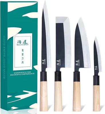 Imagen del producto de Juego de cuchillos de cocina japonés de 4 piezas, juego de cuchillos para sushi, incluye cuchillos Nakiri, Yanagiba, Deba y un cuchillo multiusos. Ideal para cortar pescado y filetear. Fabricado con acero alemán