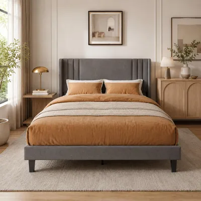 Produktbild von INONEFT Polsterbett 160x200 cm Doppelbett mit Stauraum unter dem Bett, Jugendbett Bettgestell mit Kopfteil und Lattenrost, Ohne Matratze, Leinen Grau, KI-generiertes Bild
