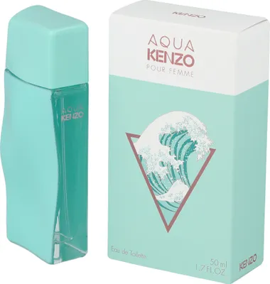 A bottle of Kenzo Aqua Eau de Toilette for women and its packaging are displayed side-by-side against a white background.