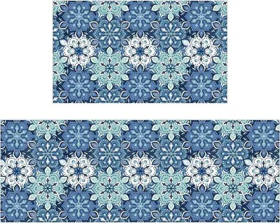 Produktbild von Famanu Küchenmatten Set 2er, rutschfeste Küchenteppiche, waschbar, 44 x 75 cm + 44 x 120 cm, blau retro Muster
