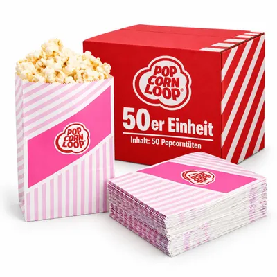 Produktbild von Popcornloop ® Popcorntüten 50 Stück Popcorn Box Tüten CandyBar Hochzeit Papier Süßigkeiten Boxen für Party Papier Behälter Rosa Pink Weiß Snackbox