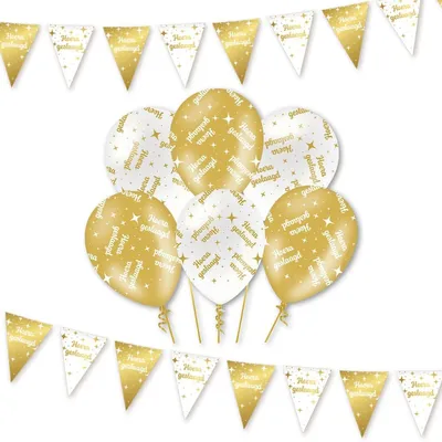 Produktbild von Girlanden- und Ballonset, Weiß und Gold, 10 m Girlande, 6 Ballons 30 cm, für Feierdekoration