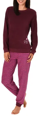 Produktbild von Damen Frottee Pyjama mit Bündchen, Hose gestreift, Top mit Sterne + Mond Stickerei ; beere , 40/42