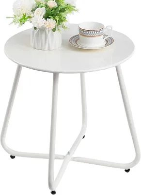 Productafbeelding van Ronde bijzettafel voor buiten, wit, metaal, 45 cm hoog, instelbare hoogte, geschikt voor terras en balkon
