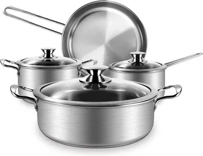 Productafbeelding van Famanu roestvrijstalen pannenset, 7-delig, met glazen deksels en stijlvolle handgrepen - zilver
