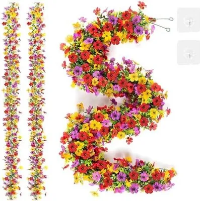 Produktbild von 2 Stück Blumengirlande Künstlich 180cm Frühling Kunstblumen Girlande, Hängend Blumenranken Künstlich, Hochzeit Künstliche Blumengirlande Deko, Blumen Girlande für Außen Hochzeit Party Garten Wand Deko