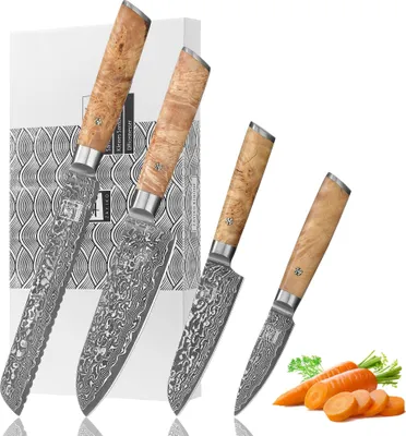 Produktbild von Zayiko Kinone 4er Damastmesser-Set I 8-20 cm Klingen I Wurzelholzgriffe Birke