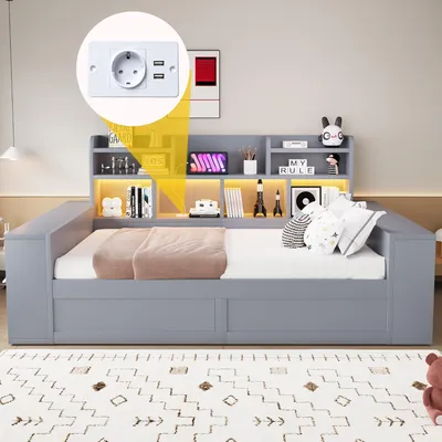 Obrázek produktu pro okwish denní lůžko 90x200 s LED osvětlením, USB portem a vestavěným úložným prostorem, dětská postel s úložným prostorem, multifunkční postel, barva šedá, bez matrace