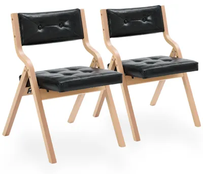 Productafbeelding van Set van 2 inklapbare eetkamerstoelen met Polyurethanleer bekleding en een gebogen houten frame, in de kleuren natuur/zwart