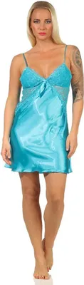 Produktbild von Damen Negligé Satin Nachtkleid Reizwäsche mit Spitze; Türkis/L