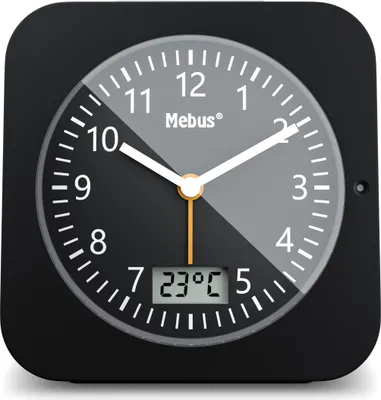 A square black alarm clock with a digital display showing the temperature and time.