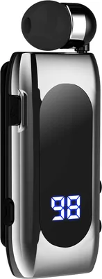 A close-up product shot of a silver and black Bluetooth headset with a digital display showing '98'.