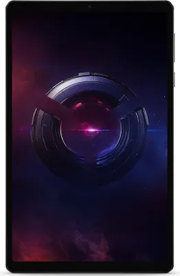 A tablet displaying a futuristic, circular graphic with a nebula background.