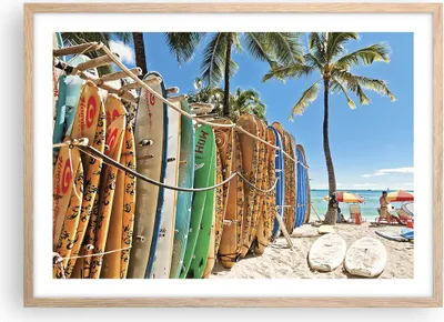 Produktbild von Gerahmtes Poster - Rahmen in heller Eiche - Board Surfen Strand - 70x50 cm - Wand Bild - Wanddeko - Wandbilder - Wandposter - Bilderrahmen - Bilder - Kunstdruck - Wandbild - P2NAA70x50-4165