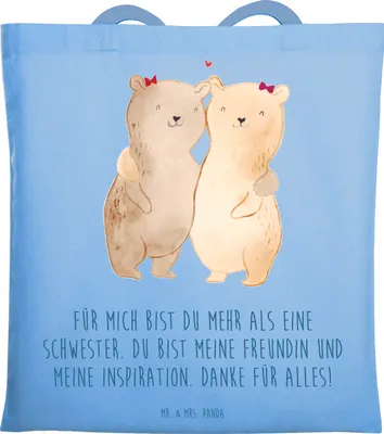 Produktbild von Mr. & Mrs. Panda Shopping Tasche Meine Schwester - Sky Blue - Geschenk, Inspiration, Bedanken, täglicher Ausdruck, Geschenke, Besonderes, besondere Bindung, Büchertasche