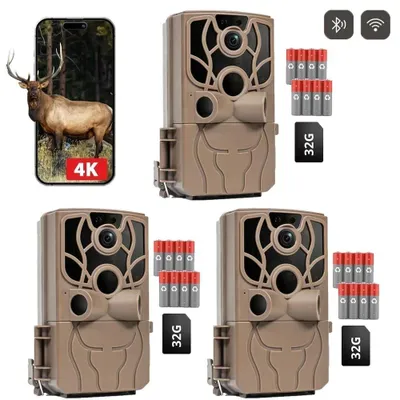 Produktbild von 4K 48MP Wildkamera mit Handyübertragung APP Wildkamera Wlan mit Bewegungsmelder Nachtsicht 120 ° Weitwinkel Wildtierkamera IP66 Wasserdicht 3 Stück