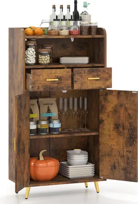 A wooden cabinet with two drawers and two doors, displaying various kitchen items and decorative elements.