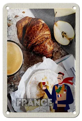 Produktbild von Blechschild Reise 12x18cm Frankreich Kaffee Croissant Birne Schild