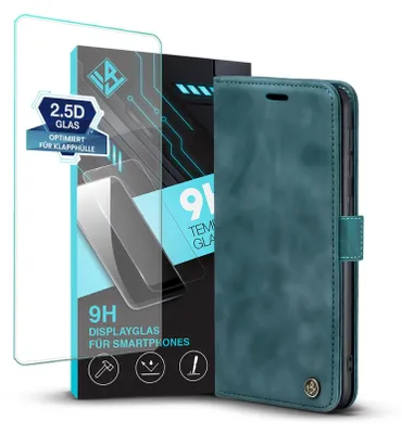 Produktbild von Handy Hülle für Samsung Galaxy Xcover7 Pro mit 9H Displayglas Klapphülle Bookcase Flip Cover Handy Tasche Etui Farbe: Petrol