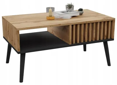 Produktbild von Skandinavischer Couchtisch Lamellen EICHE/SCHWARZ Tisch Loft Mit Ablage