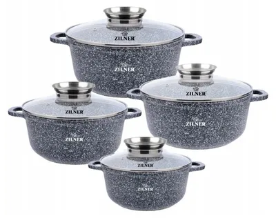 Produktbild von Graues Topfset 8tlg Topf Kompotttopf Suppentopf Kochtopf Keramik Marmor Induktionstöpfe GLASDECKEL (1.3L / 2.3L / 3.2L / 5.6L)