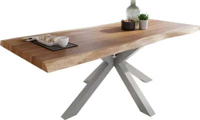 Produktbild von Esstisch Baumkante massiv Akazie natur 220 x 100 Spider-Gestell silber ATLAS