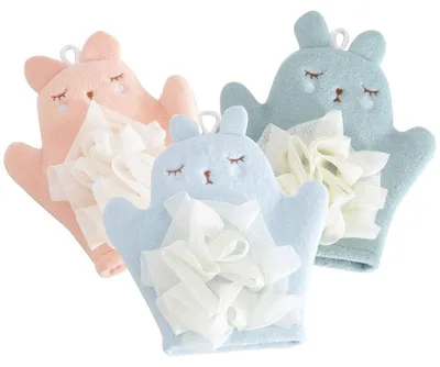 Produktbild von Waschlappen Kinder Cartoon Hase 3 Stück, Baby Waschhandschuh mit Badeschwamm, Rosa Blau Grün