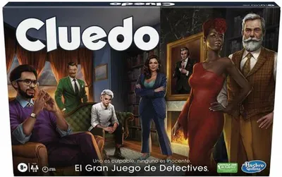 The image shows the box of the Cluedo board game, featuring characters and the game's title.