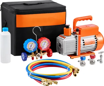 A vacuum pump kit for HVAC systems is laid out on a white background.