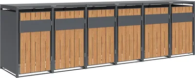 A row of six identical trash bin enclosures with wooden-look fronts and gray metal frames, presented against a white background.