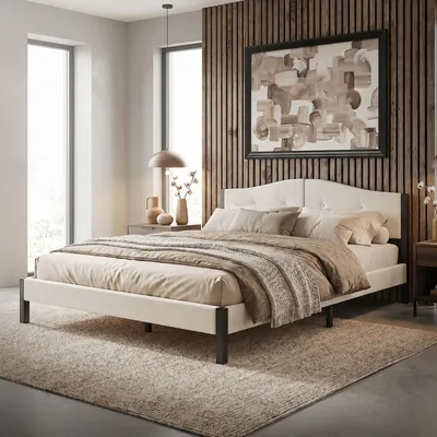 Produktbild von ML-Design Polsterbett 160x200 cm Beige Doppelbett mit stabilem Bettgestell Bettrahmen mit Kopfteil Lattenrost & Leinenstoff Modernes Jugendbett Bett