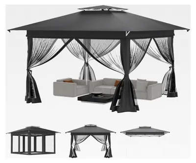 Produktbild von Gartenpavillon Pop Up 4x4m, wasserdicht mit UV-Schutz, stabiler Faltpavillon, 3-stufig höhenverstellbar, Gartenzelt mit 4 Moskitonetz-Seitenteilen & Doppeldach, inkl. Tragetasche, Anthrazit