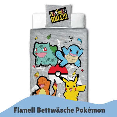 Produktbild von Pokemon Bettwäsche für Kinder 135x200 80x80 cm · Biber-Bettwäsche aus 100% Baumwolle mit Reißverschluss · Graues Motiv mit Pikachu, Glumanda, Shiggy und Bisasam