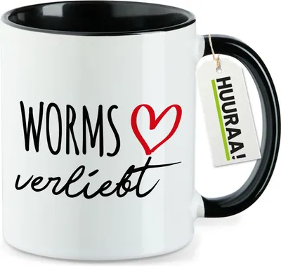 Produktbild von Huuraa Kaffeetasse Worms verliebt 330ml Schwarz Keramik Kaffeebecher Geschenkidee