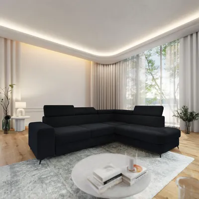 Produktbild von Masseno Ecksofa ALVORO R-S mit Schlaffunktion L-Form, Sofa mit Bettkasten, Wohnzimmersofa, Couch, Soffa, Bettsofa, Couchgarnitur- Schwarz, QUELLE 100