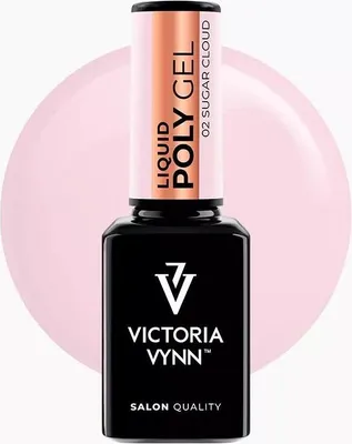 A bottle of Victoria Vynn Liquid Poly Gel in the shade 02 Sugar Cloud, presented against a soft pink circular background.