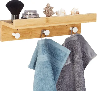 Produktbild von Relaxdays Wandregal mit Hakenleiste, Bambus, HBT: 10 x 36 x 12 cm, Handtuchhalter Bad, Garderobe Flur, 3 Haken, natur