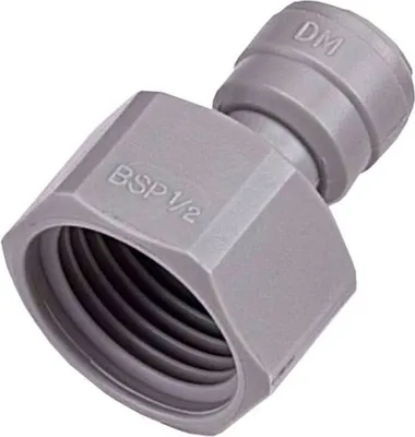 A close-up studio shot of a gray plastic fitting.