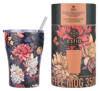 Image de ESTIA | Mug isotherme - 350 ml - Mug isotherme à motif floral - avec paille